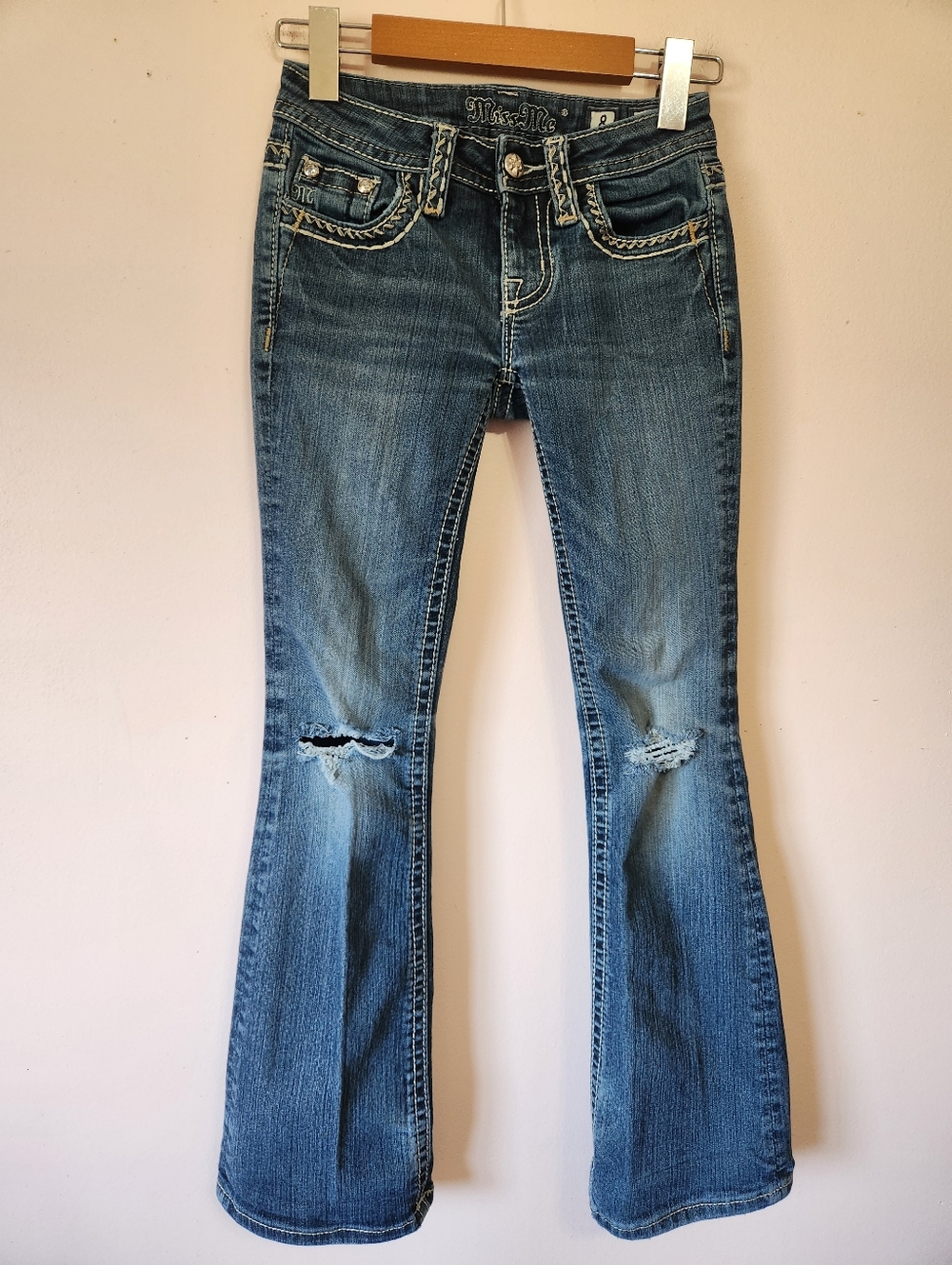 Miss Me Girls Bootcut Jeans Size 8 Rhinestone Pocket Thick Stitch Y2K Rodeo West